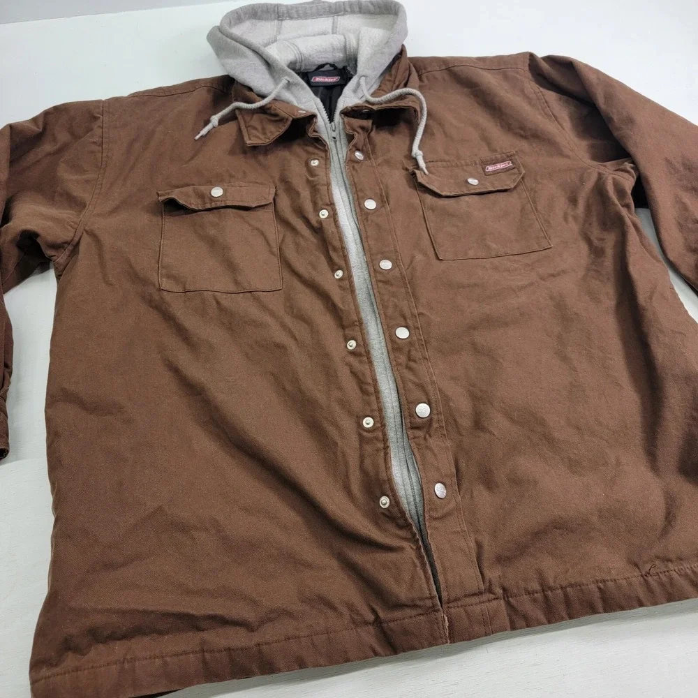 Dickies Men's Brown Quilt Lined Fleece Hooded Utility Canvas Work Jacket Size XL